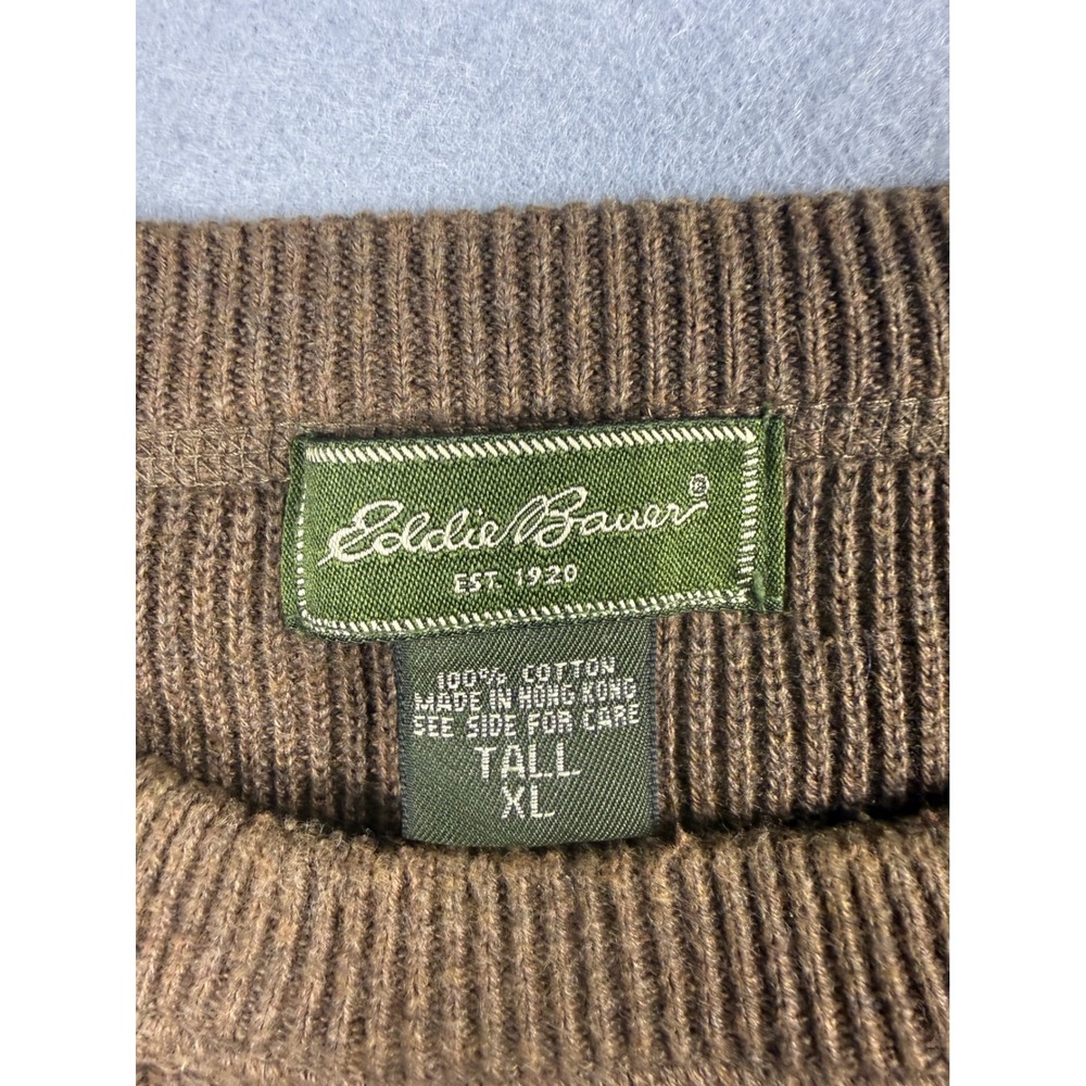 Eddie Bauer Mens XL Tall Brown Ribbed Knit Cotton Crewneck Sweater Pullover - Picture 3 of 5